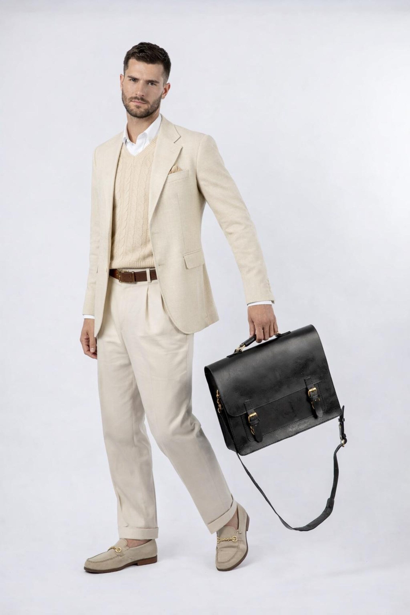 Black Full Grain Leather Messenger Bag